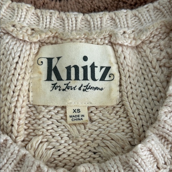 For Love & Lemons Cream Cable Knit Lace-Up Short Sleeve Top - Picture 2 of 4